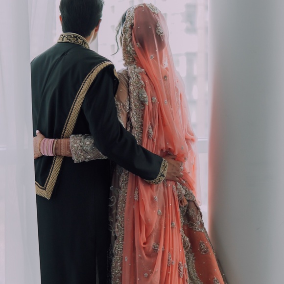 Indian Pakistani Bridal Wedding Long Gown Dress in Light Pink and Peach Pink - Picture 7 of 10